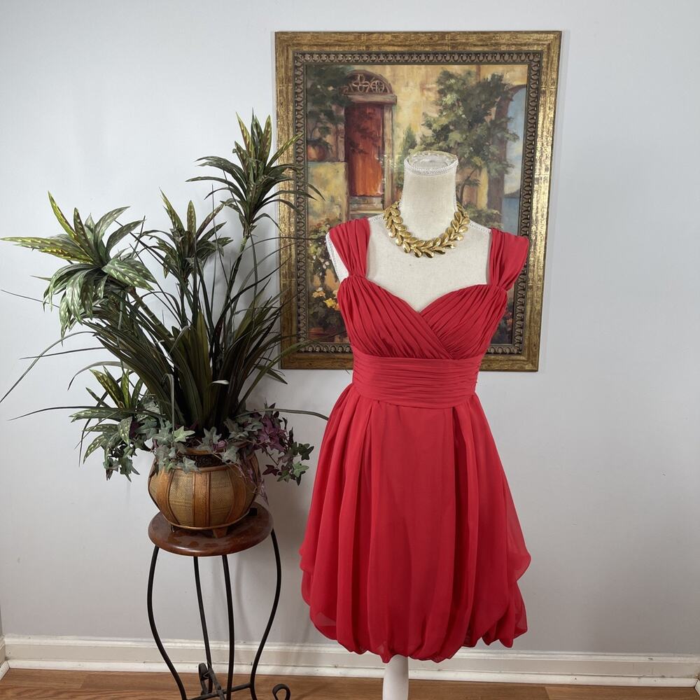 B2 Red Chiffon Cocktail Dress US 10 Sweetheart Pleated Bubble Hem Party Prom